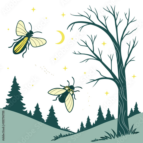 A flat vector design of a group of fireflies glowing in a small forest clearing surrounded by trees and grass during a quiet night