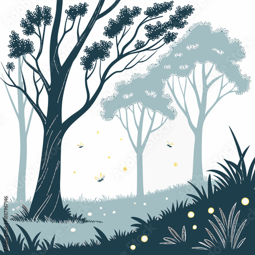 Vector art showing a magical forest clearing filled with many tiny glowing fireflies in the dark woods under a soft evening light