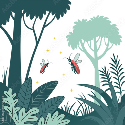 Flat vector illustration of glowing fireflies flying through a lush tropical jungle with green leaves and exotic plants in the night