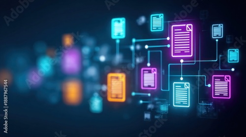 Digital network of documents and data connections visualized with neon lights