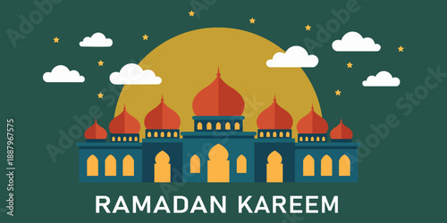 Celebration of Ramadan: A beautiful illustration that captures the essence of Ramadan, featuring a mosque silhouette under a radiant sun and festive clouds.