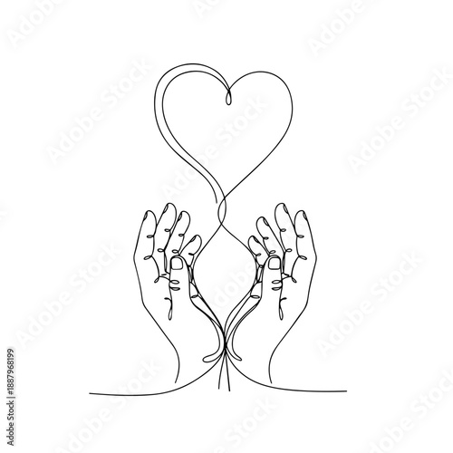 Artistic hands heart drawing in single line technique, expressing care. Abstract hands heart drawing with continuous contour, symbolizing love and unity. Modern hands heart drawing useful for health.