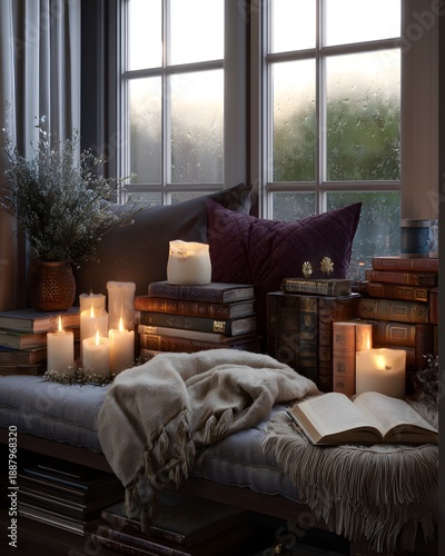Cozy Window Nook with Candles and Books: A serene window seat adorned with flickering candles and stacks of antique books evokes a sense of tranquility and warmth, perfect for a quiet.
