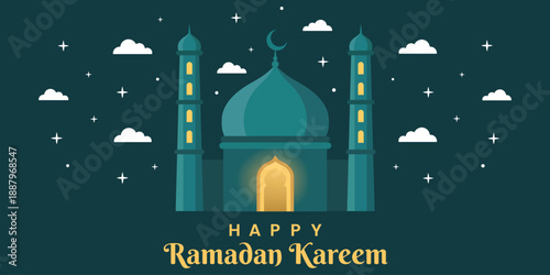 Ramadan Kareem Illustration: Capturing the spirit of Ramadan, a beautifully illustrated mosque shines under a starlit night sky, embodying peace and reverence.