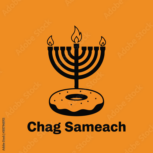 Jewish festive candelabrum atop a sweet pastry on a vibrant orange backdrop perfect for seasonal holiday greetings