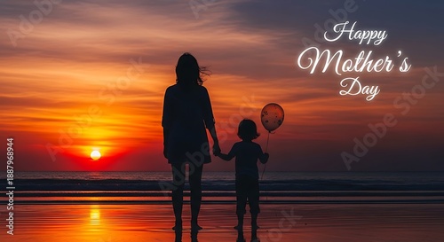 Happy mother's day silhouette of mother and child at sunset