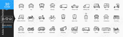 Road Vehicle Line Icons Set with Car Bus Truck Bicycle and Transport Vehicles Vector Collection