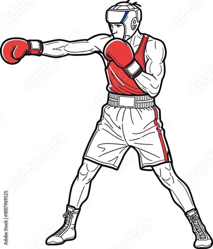 Athletic male boxer executing a precise straight left punch while wearing regulation headgear and bright red boxing gloves ready for competition or intense training practice session illustration.