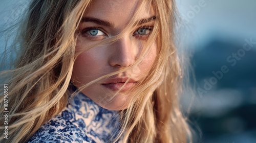 A sophisticated blonde woman with long flowing hair, striking green eyes, and flawless glowing skin
