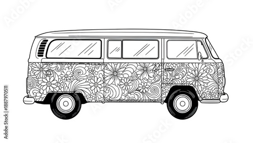 A black and white illustration of a vintage vw van isolated on transparent background