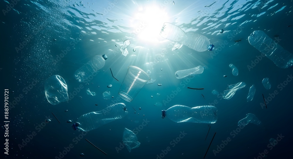 Naklejka premium Ocean pollution a school of fish amidst plastic debris underwater
