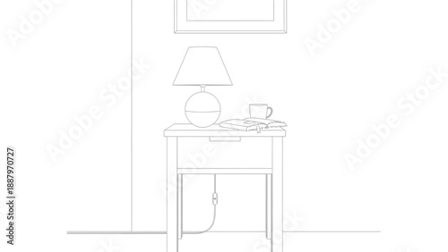 Simple line art illustration depicting a cozy bedroom scene featuring a nightstand with a modern round table lamp an open book and a warm beverage ready for quiet relaxation or bedtime reading.
