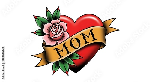 Happy mothers day tattoo heart with rose and banner mom