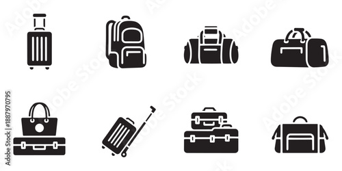 Set of 8 Black Travel Luggage and Bag Icons Vector