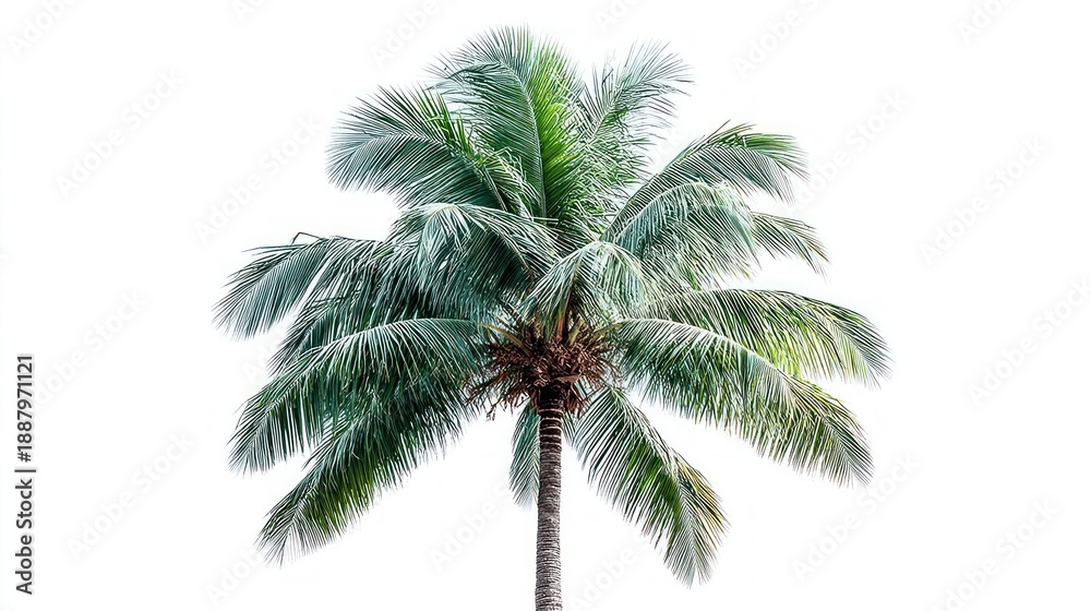 Fototapeta premium A lush green coconut palm tree stands tall against a bright white background