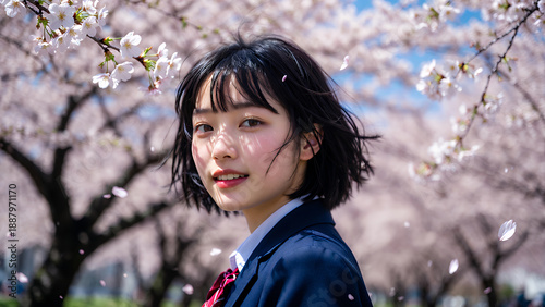 満開の桜の下で微笑む女子高生のポートレート 新生活と青春の輝き 顔アップ