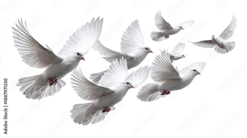 Fototapeta premium A flock of white doves takes flight against a clean white background, symbolizing peace and freedom