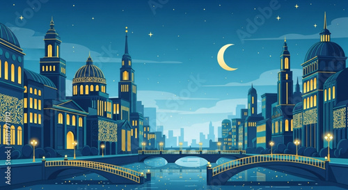 Nighttime cityscape with illuminated buildings and crescent moon over water bridge