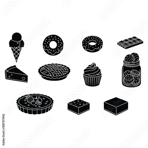 Black and white illustration of various sweet treats and desserts