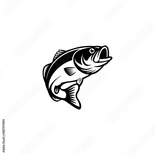 A bold black and white vector illustration of a bass fish jumping. The design features a dynamic pose with thick outlines and detailed scales on a white background.