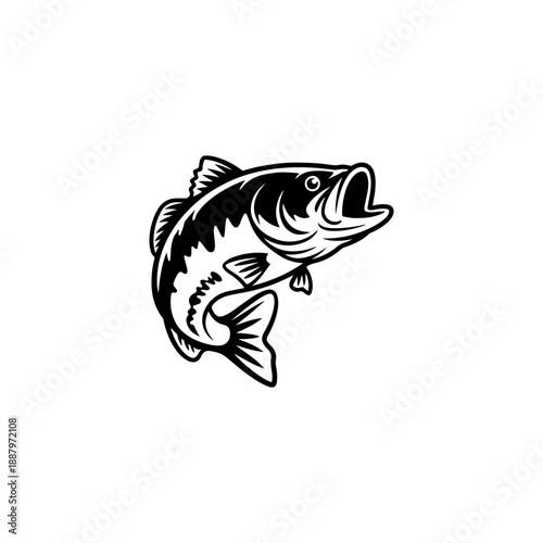 A bold black and white vector illustration of a bass fish jumping. The design features a dynamic pose with thick outlines and detailed scales on a white background.