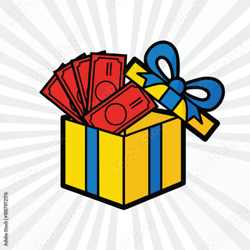 A brightly colored gift box overflowing with red currency notes against a stylized sunburst background symbolizing financial rewards and opportunities