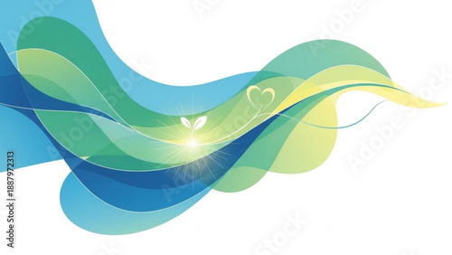 Vibrant wavy lines in shades of blue green and yellow with heart and light burst on white background symbolizing joy and energy
