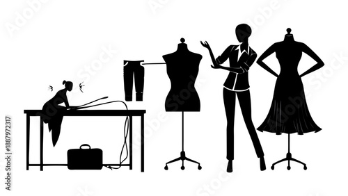 Silhouette of a fashion designer draping fabric on a mannequin, holding measuring tape, creative studio and garment industry concept.