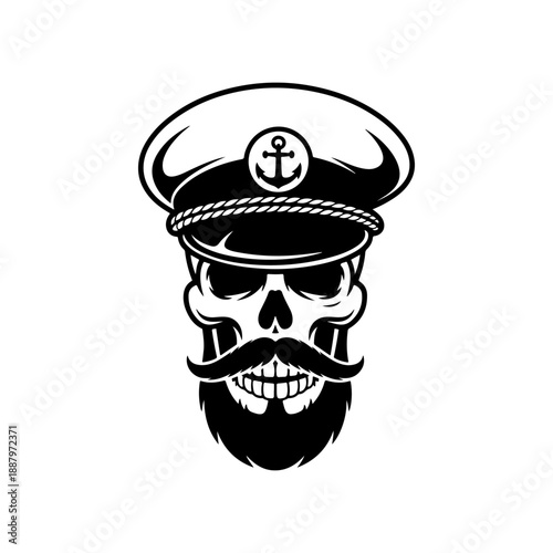 A bold black and white vector illustration of a bearded skull wearing a nautical captain's hat with an anchor emblem. Clean graphic style isolated on a white background.