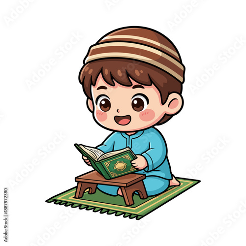 Cute Cartoon Little Boy Reading Quran on Prayer Rug Illustration
