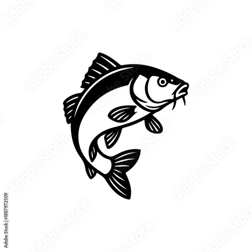 A bold black and white vector illustration of a carp fish jumping. The design features a curved, dynamic pose with detailed scales and long barbels on a white background.