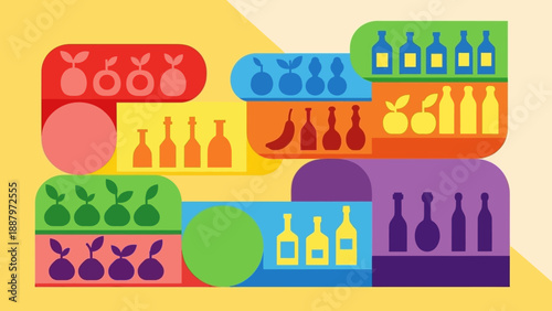 Colorful Bottles and Fruit Icons Set.