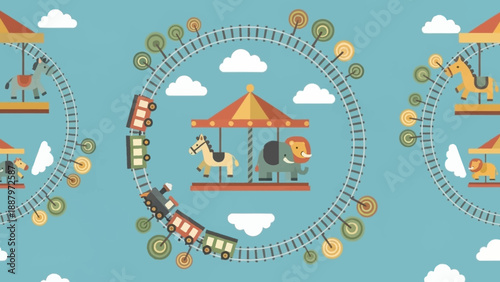 Colorful Carousel Illustration with Various Animals.