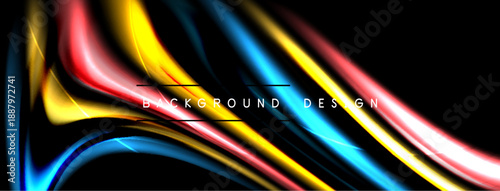 Abstract fluid lines, vibrant colors, dynamic shapes. Black background enhances luminosity, creating modern visual impact.