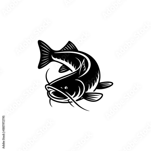 A bold black and white vector illustration of a catfish. The graphic features a dynamic curved pose with prominent whiskers and detailed fins on a white background.