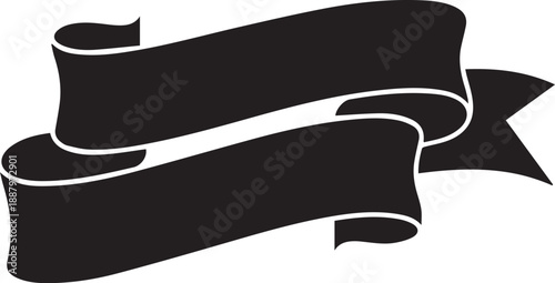 "Black Ribbon Banner with Curled Ends and Pointed Tail on White Background"
