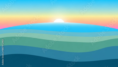 Vibrant sunset over layered hills with wavy blue green slopes at dawn or dusk with colorful sky
