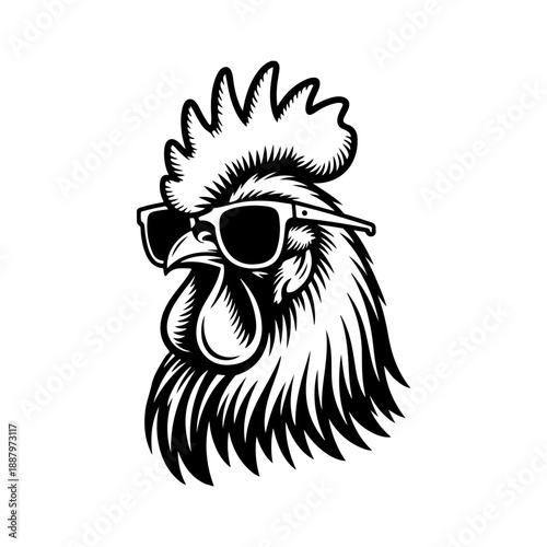 A bold black and white vector illustration of a rooster's head wearing cool sunglasses. This minimalist mascot design features sharp lines and a stylish, confident look.