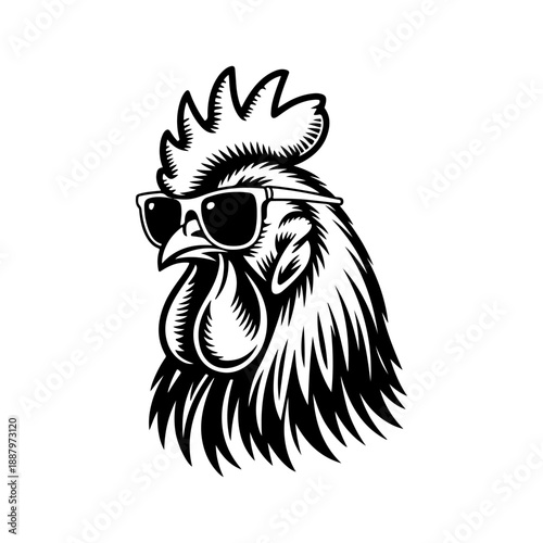 A bold black and white vector illustration of a rooster's head wearing cool sunglasses. This minimalist mascot design features sharp lines and a stylish, confident look.