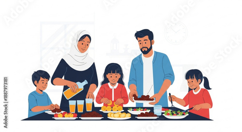 Happy muslim family sharing a meal together at dinner table with food and drinks