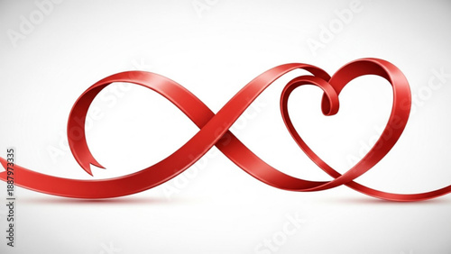 Red ribbon forms infinity loop and heart shape on white background symbolizing eternal love and passion
