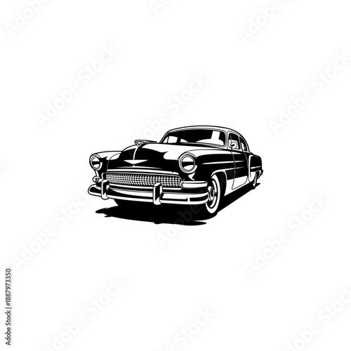 A classic vintage car rendered in a bold black and white vector style. The design features a high-contrast aesthetic with sharp details, isolated on a white background.