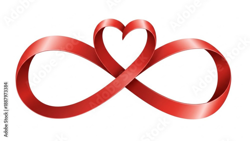 Red ribbon forming infinity and heart symbol on white background representing eternal love and passion