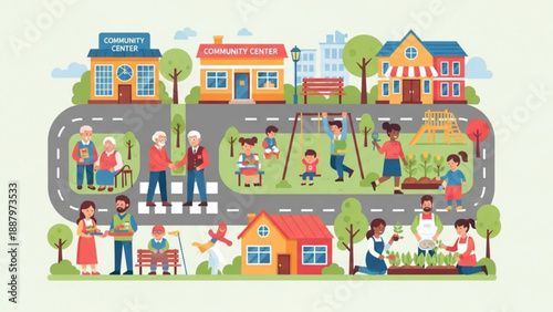 Vibrant community scene with diverse people engaging in activities surrounded by colorful buildings green spaces and a winding road