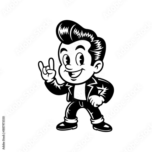 Tablou pe pânză A cheerful black and white retro vector illustration of a 1950s rockabilly man with a pompadour, wearing a leather jacket and making a rock on hand gesture