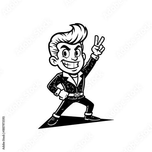A cheerful black and white retro vector illustration of a 1950s rockabilly man with a pompadour, wearing a leather jacket and making a rock on hand gesture.