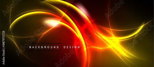 Abstract energy flow. Vibrant red, orange, yellow curves against black backdrop. Dynamic design evokes motion, light intensity.