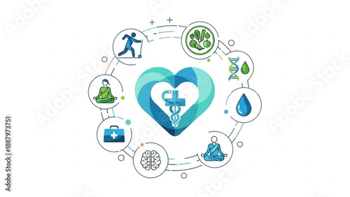 Healthcare and wellness concept with a heart and icons representing healthy living medicine and lifestyle
