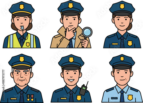 Set of police officers in uniform, displaying various roles and actions, perfect for illustrating law enforcement and security themes