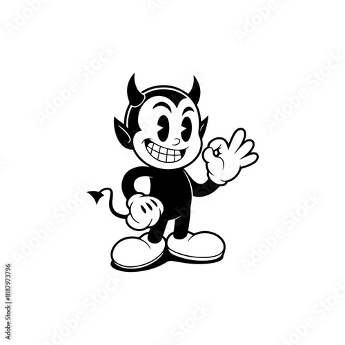 A playful black and white vector illustration of a vintage rubber hose style devil character. Featuring pie-eyes, white gloves, and an "OK" hand gesture on a white background.